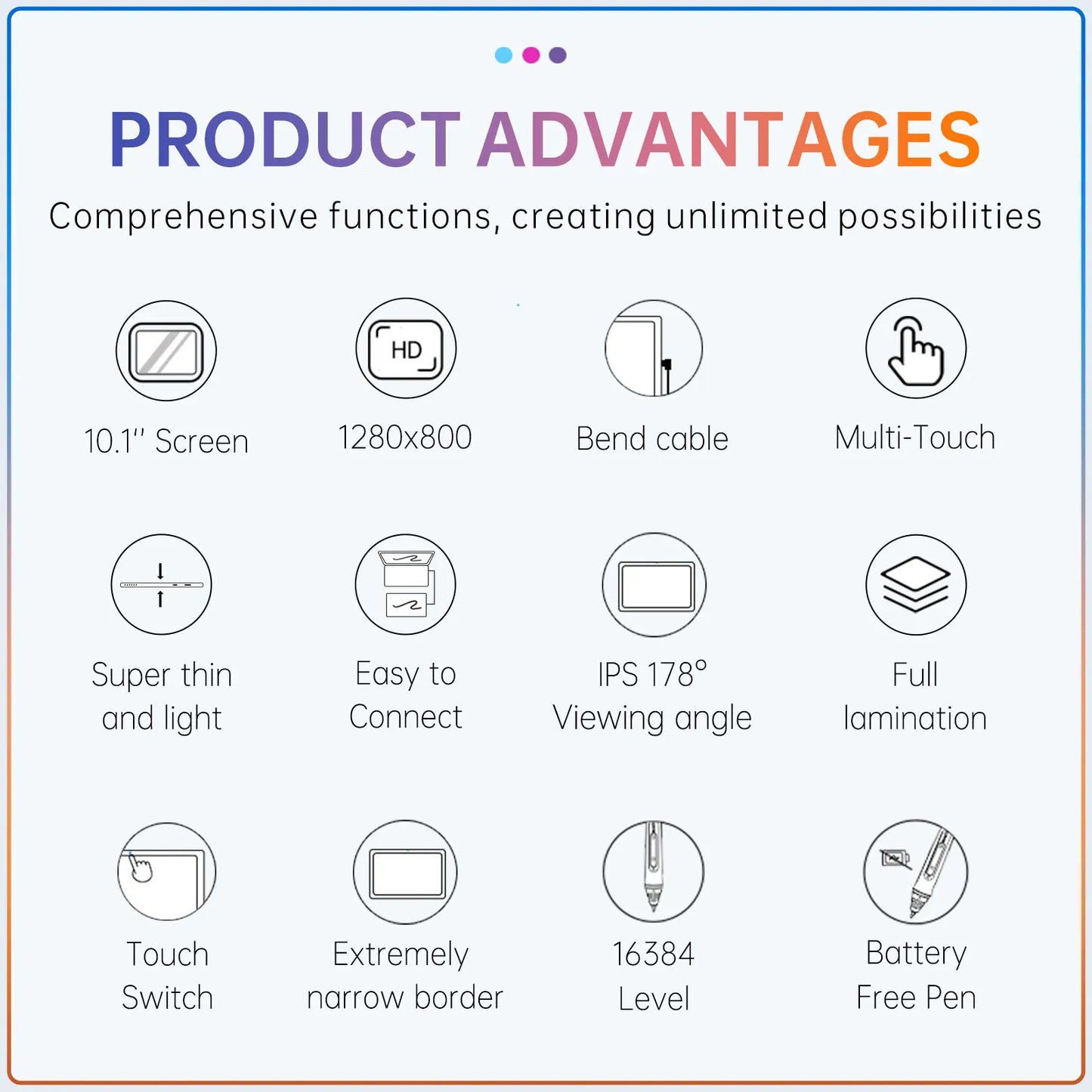BOSTO BT-101A Portable Graphics Drawing Tablet 10.1 Inch IPS Screen Display with Finger Touch Anti-glare 16384 Pressure Level