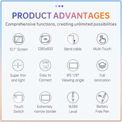 BOSTO BT-101A Portable Graphics Drawing Tablet 10.1 Inch IPS Screen Display with Finger Touch Anti-glare 16384 Pressure Level