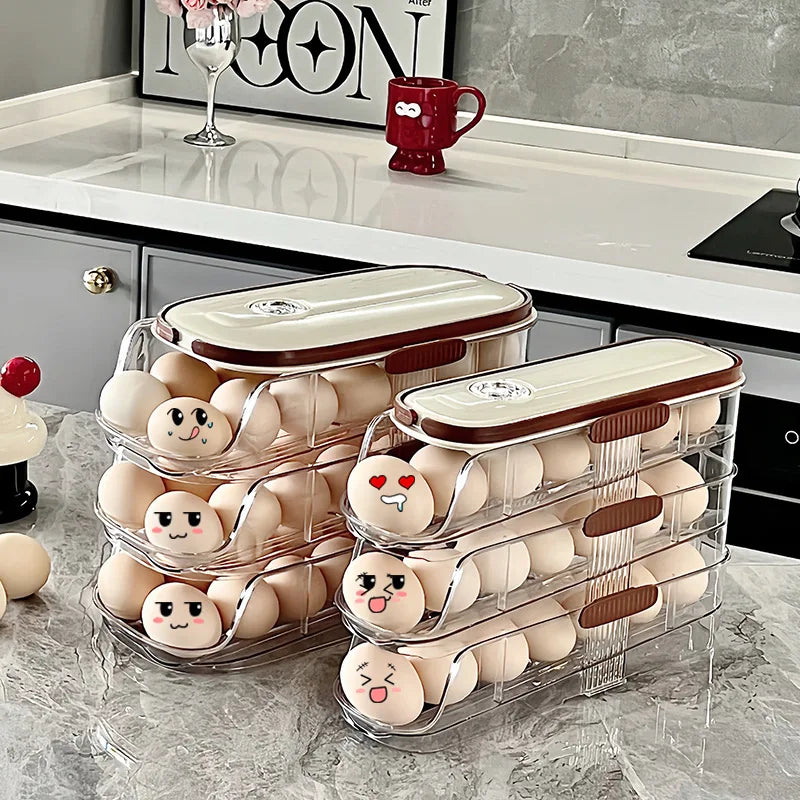 Smart Egg Storage Box - Slide-Out Drawer & Gravity Roller Design with Hidden Handle, Stackable Fridge Organizer for Side Door