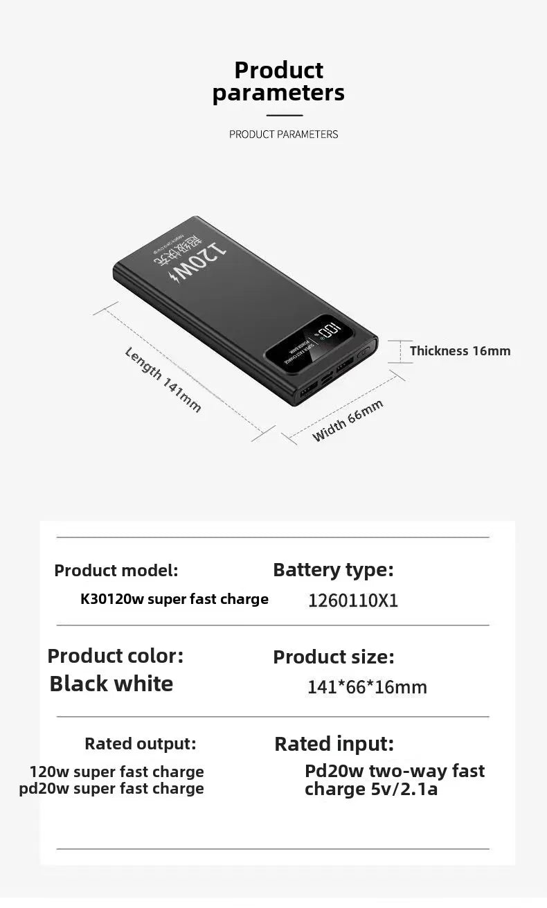 BCAK New 120W Power Bank 20000mAh Super Fast Charging Large Capacity Mobile Power Supply