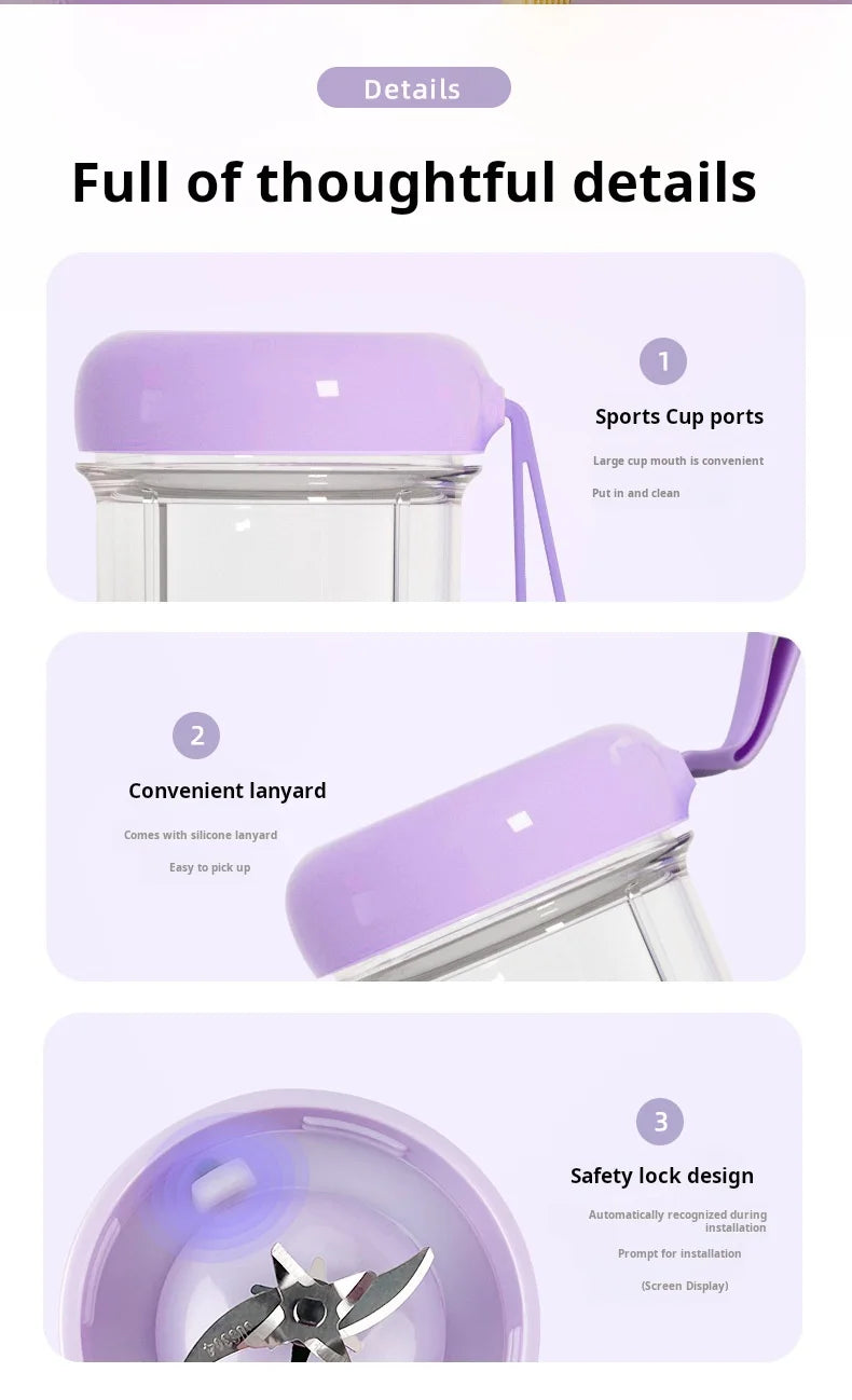 500ML Portable Blender with Lid Rechargeable Wireless Orange Juicer 16 Stainless Blades USB Smoothie Vegetables Fruits Mixer