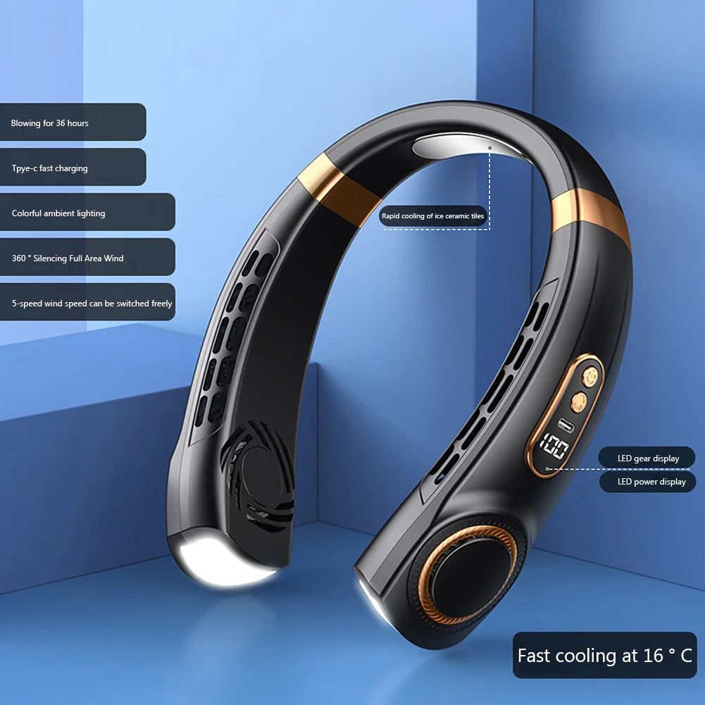 Portable Neck Fan LED Digital Display Hanging Neck Fan Leafless Air Cooler Mute USB Rechargeable Cooler with Atmosphere Light