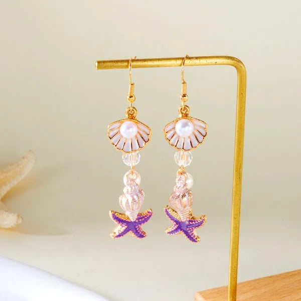 Fashion Asymmetric Ocean Style Earrings Stud  For Women Starfish Shell Earring Ear Ring Imitation Pearl Zircon Jewelry Gift