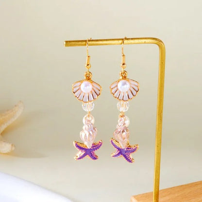 Fashion Asymmetric Ocean Style Earrings Stud  For Women Starfish Shell Earring Ear Ring Imitation Pearl Zircon Jewelry Gift