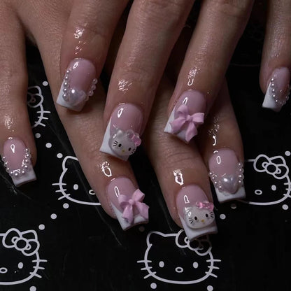 24 Medium Square Nail Pink French Cute Cartoon Cat White Love Camellia Nail Patch Jelly Powder Bow Wear Nail Set