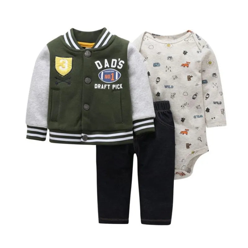 Babys 3pcs/sets Boys Casual Jacket Cotton Coat Girls Bodysuits Sports Trousers Long Pants
