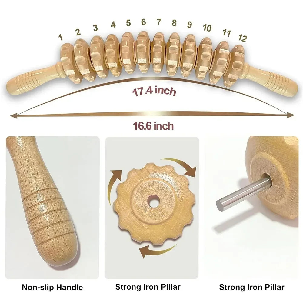 12 Rollers Wooden Curved Massager Handheld Roller Stick, Trigger Point Body Therapy Massager for Belly Waist Muscles Pain Relief