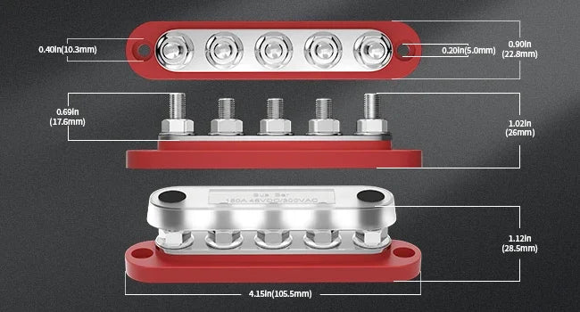 150A Terminal Bus Bar 5*M8 Studs Battery Power Distribution Block Red Black 12V Car Busbars for Automotive Marine Boat