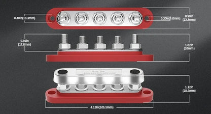 150A Terminal Bus Bar 5*M8 Studs Battery Power Distribution Block Red Black 12V Car Busbars for Automotive Marine Boat