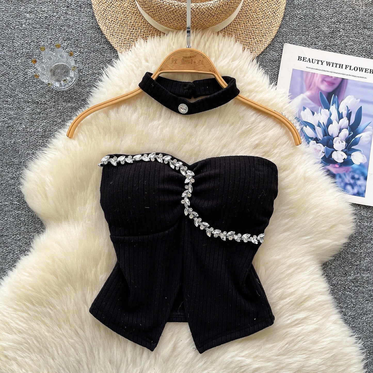 SINGREINY Strapless Sexy Ladies Top Summer Halter Beading Design Split Camisole Korean Skinny Streetwear Hotsweet Tank Top