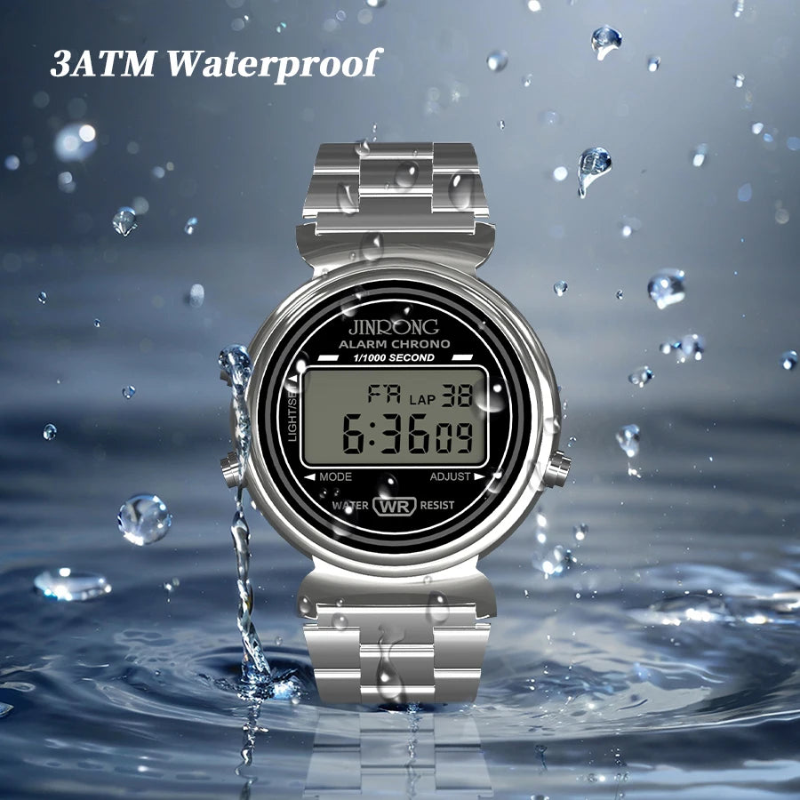 Fashionable men's and women's digital watches, waterproof 30M, stainless steel strap, LED backlight, date and week display