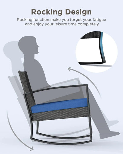 3 Pieces Patio Furniture Set Rocking Bistro Set Outdoor Rattan Conversation with Coffee Table for Garden Balcony Backyard