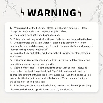 Portable USB Rechargeable Blender &Juicer-Easy to clean for fruit and vegetable drinks, shakes - Capacity 10.14 oz. to 16.91 oz.