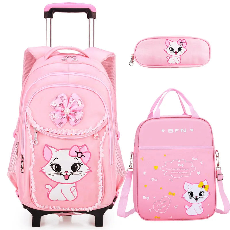 Children School backpack for Girls Cute Cat School Students Backpack For Kids Wheeled Backpack Bag Trolley School Bags On Wheels
