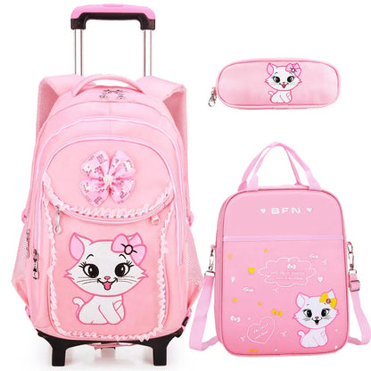 Children School backpack for Girls Cute Cat School Students Backpack For Kids Wheeled Backpack Bag Trolley School Bags On Wheels