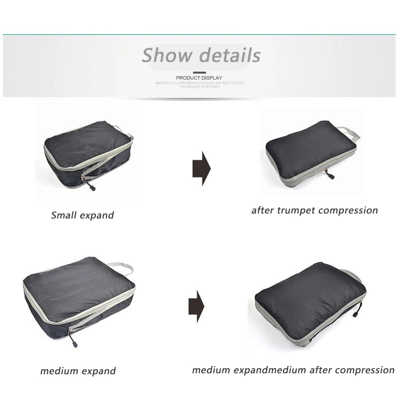 Foldable Compressible Packing Cubes, Waterproof Travel Storage Bag, Nylon Suitcase, Portable with Handbag, Luggage Organizer