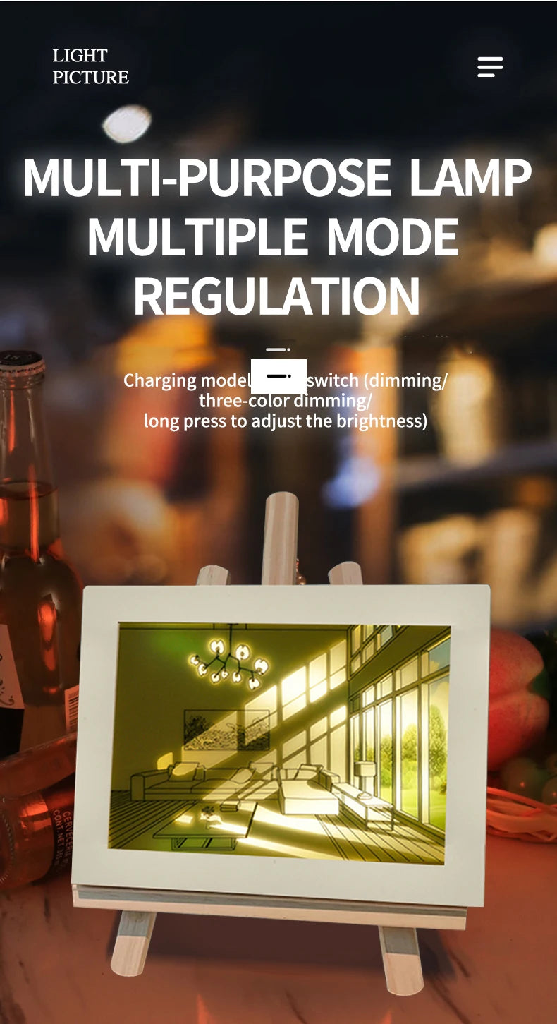 Beautiful LED Light Painting Indoor Sunlight Window Wooden Photo Light Dimming Wall Artwork Table Lamp Home Decor Night Lamp