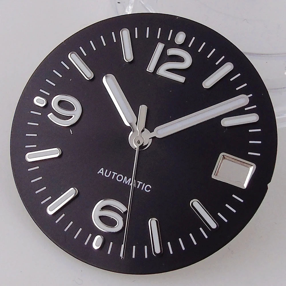 29MM Pilot Watch Dial Face for NH35 NH36 Dive Watch Mod Parts Silver Hand set Date Window Sterile Dial Plate Green Luminous