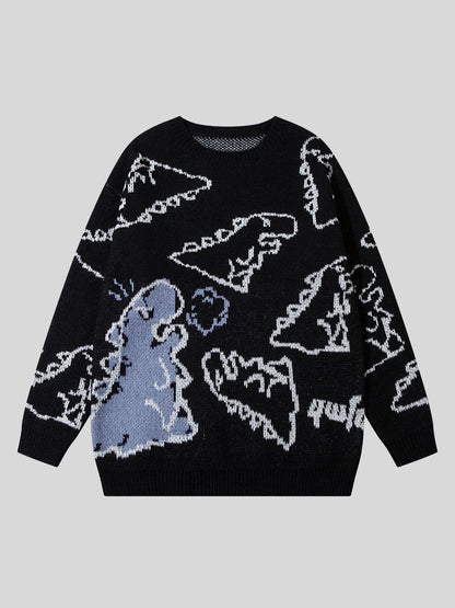 Women's Oversized Dinosaur Pattern Sweater - Cozy Long Sleeve Pullover for Casual Wear