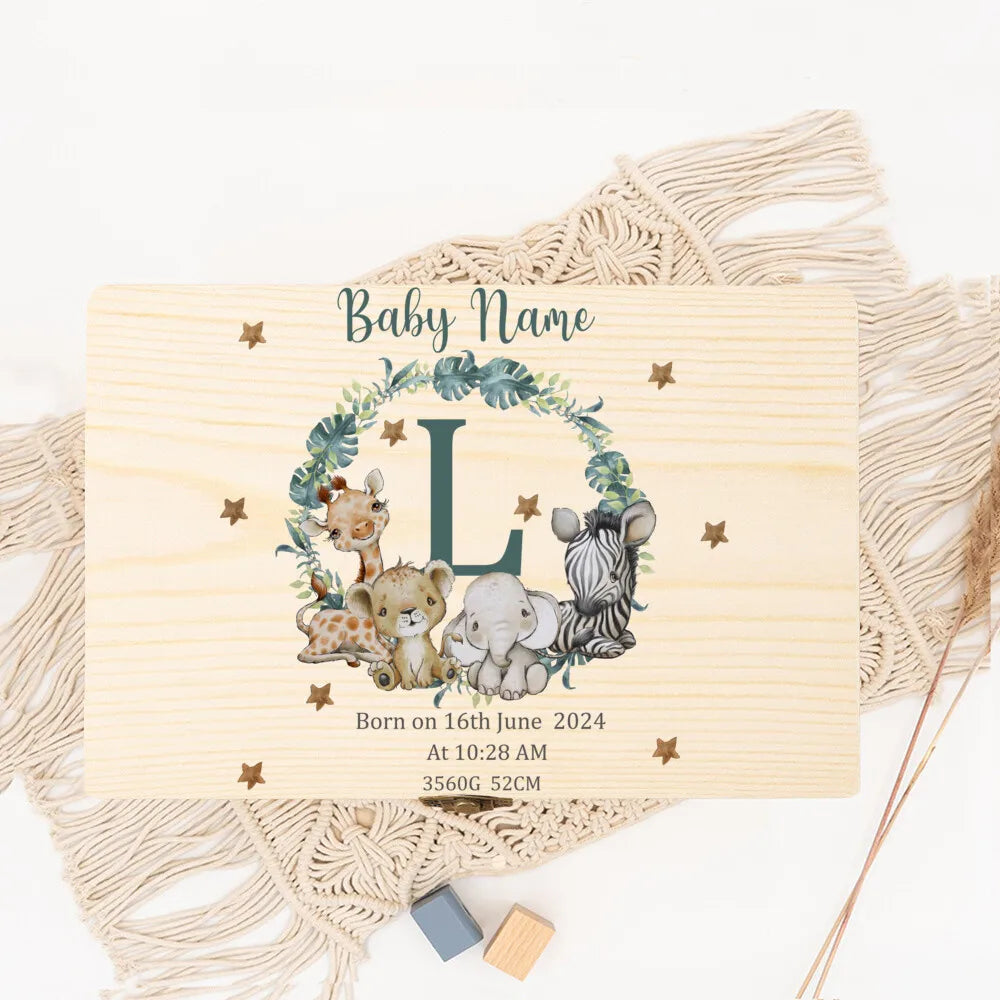 Baby Memory Box As A Gift for A Birth or Baptism Personalized Wooden Keepsake Boxes Newborn Animal with Name Birth Dates Case