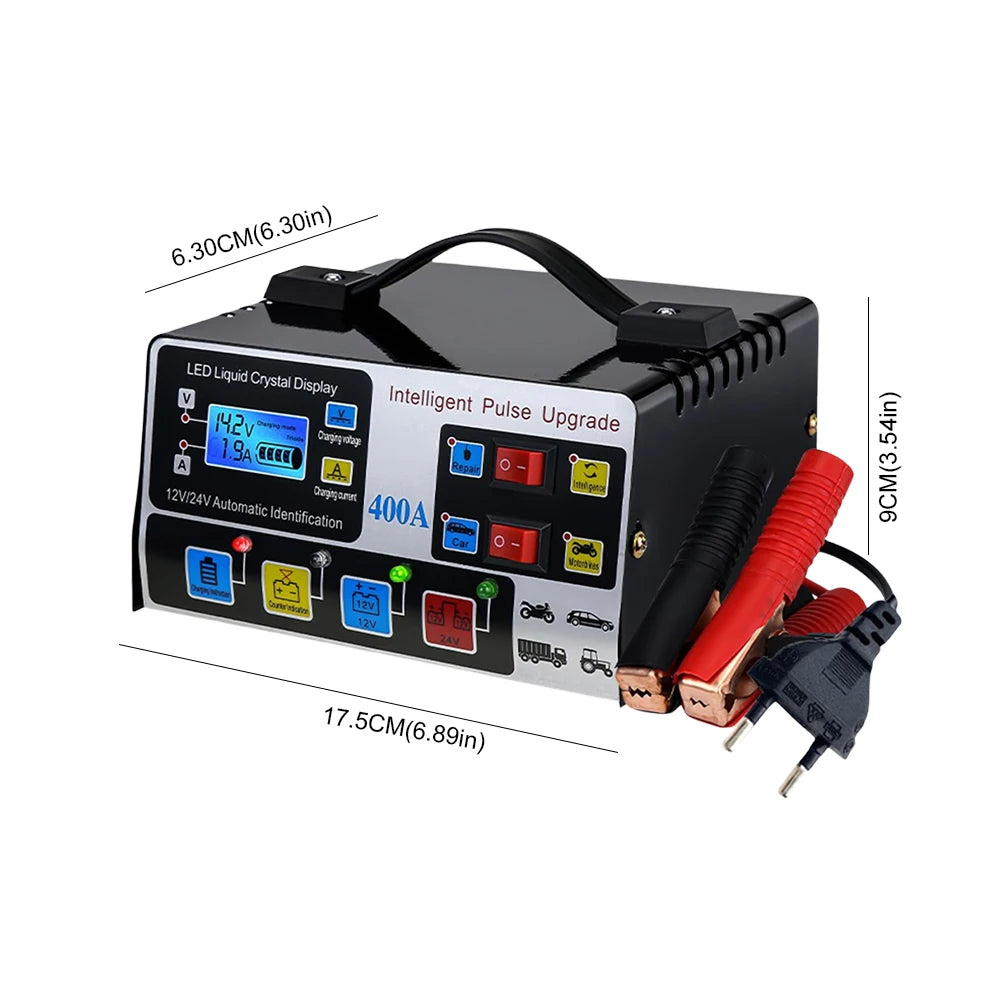 400A Intelligent Pulse Repair Charger Battery High Power Fast Charger 12V/24V Five-Stage Full Automatic Car Battery Charger 220W