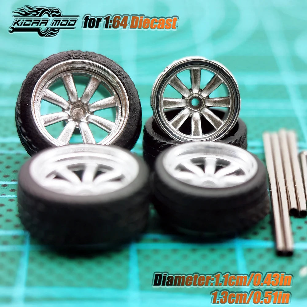 Kicarmod 1/64 Model Car ABS Wheels with Rubber Tire Metal Rims Front Small Rear Large Refitting Parts For Model Car Hot Wheels