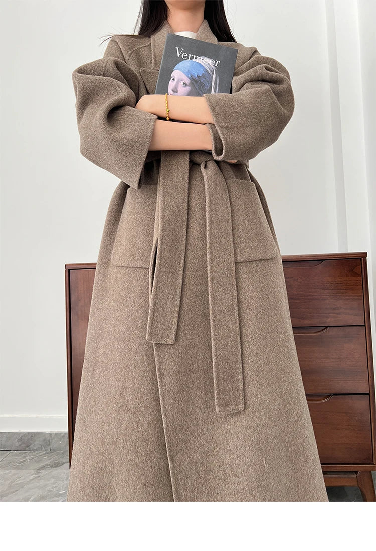 Office Lady Woolen Jackets 2024 Autumn And Winter Bathrobe Style Pocket Double-Sided Loose Lace -Up Tie Women's Long Wool Coats