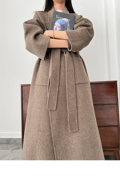 Office Lady Woolen Jackets 2024 Autumn And Winter Bathrobe Style Pocket Double-Sided Loose Lace -Up Tie Women's Long Wool Coats