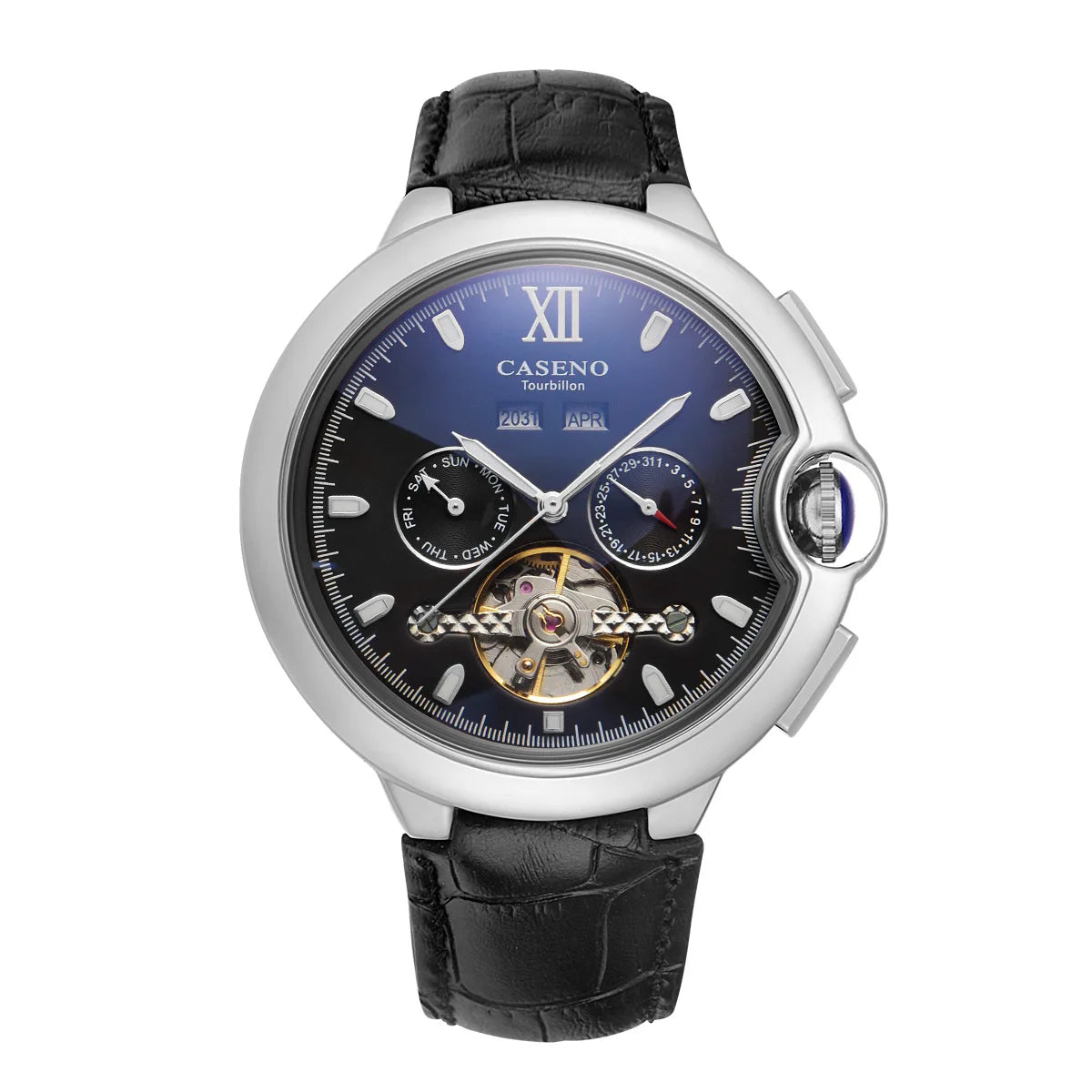 CASENO Fashion Trend Men's Blue Light Glass Night Light Scale Multi functional Fully Automatic Tourbillon Mechanical Watch 831BG