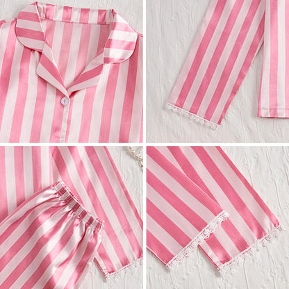 Women's sleepwear two piece set spring autumn satin long sleeved top long pants two piece set casual  comfortable home suit set