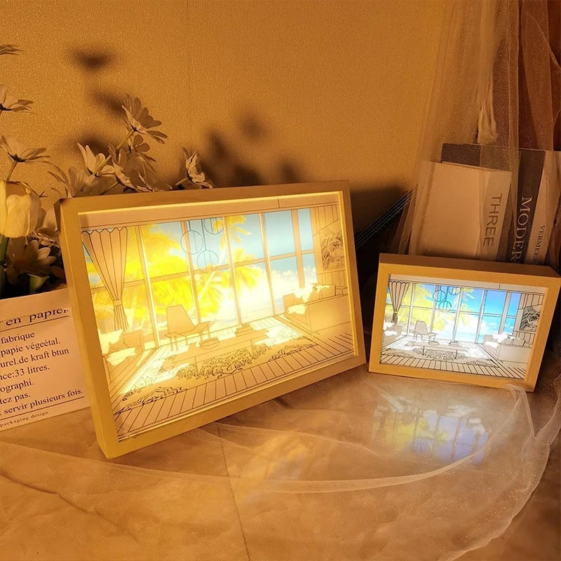 Decorative Led Light Painting USB Plug Dimming Wall Artwork Table Lamp Gift Indoor Sunlight Window Wooden Photo Night Luminous