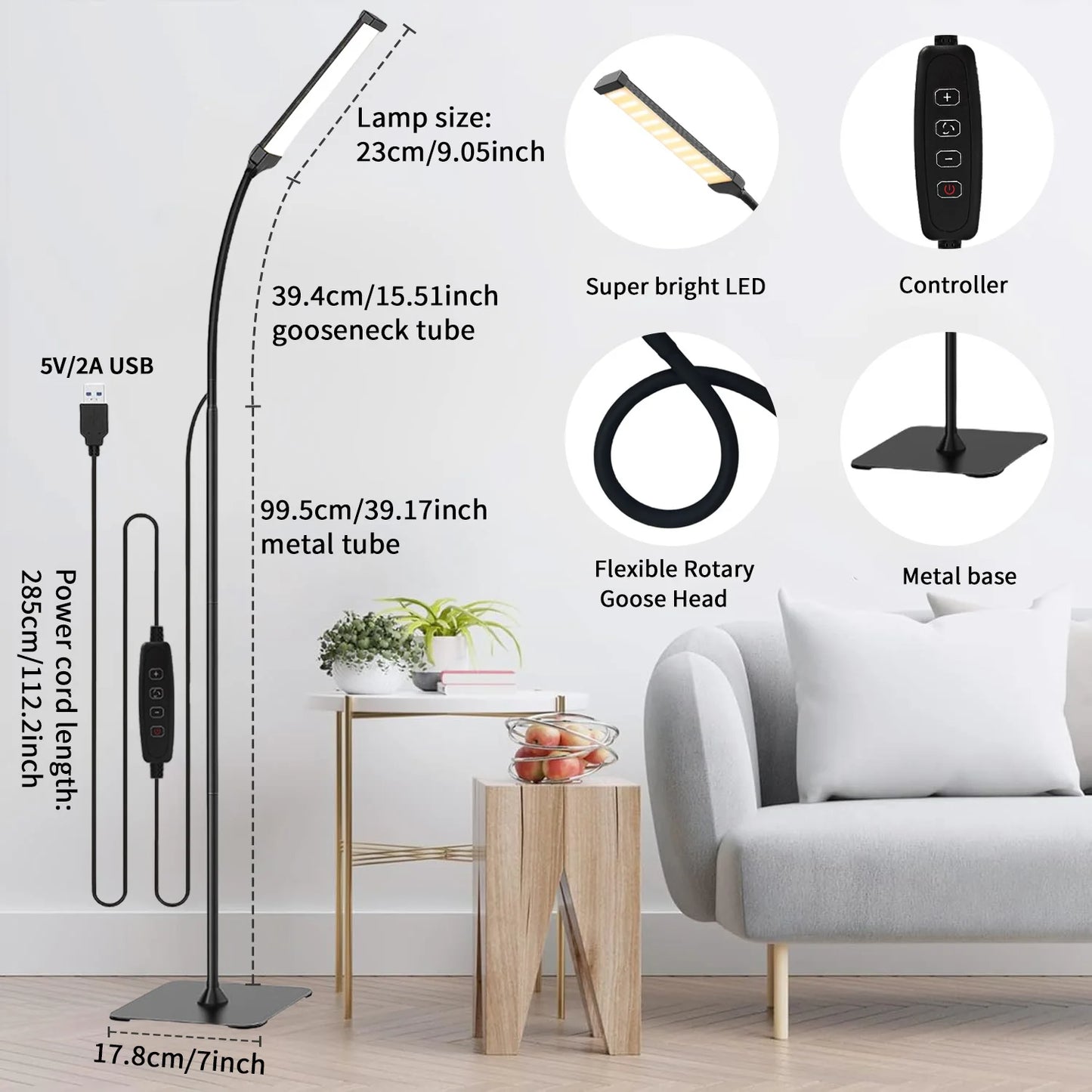 LED Floor Lamp, Eye Caring Reading dimmable desk lamp  flexible gooseneck [120 LED 3 color] for living room, bedroom, office