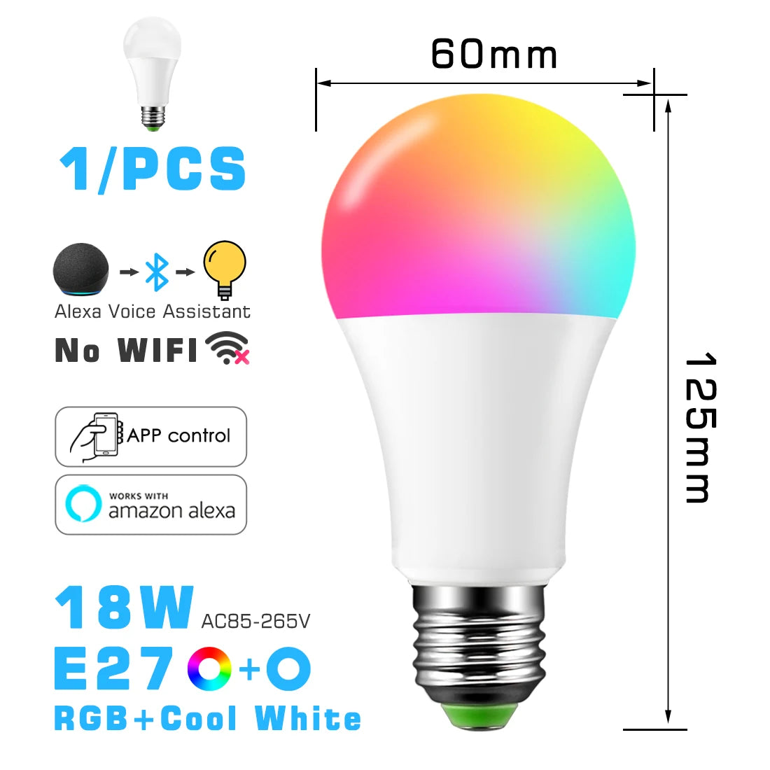 LED Smart Light Bulb, Color Changing Alexa Light, RGB Smart Lamp That Work With Alexa, E27 B22 Base,16 Million Colors,Dimmable