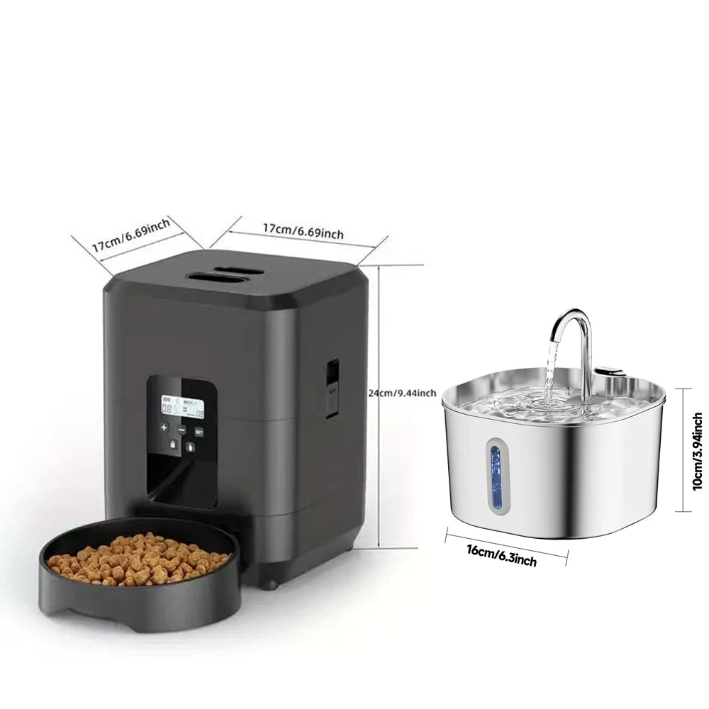 Smart Pet Feeder, Pet Dispenser and Fountain Set, Cat Automatic Feeder with Stainless Steel Fountain, Dog Feeder and Fountain Ki