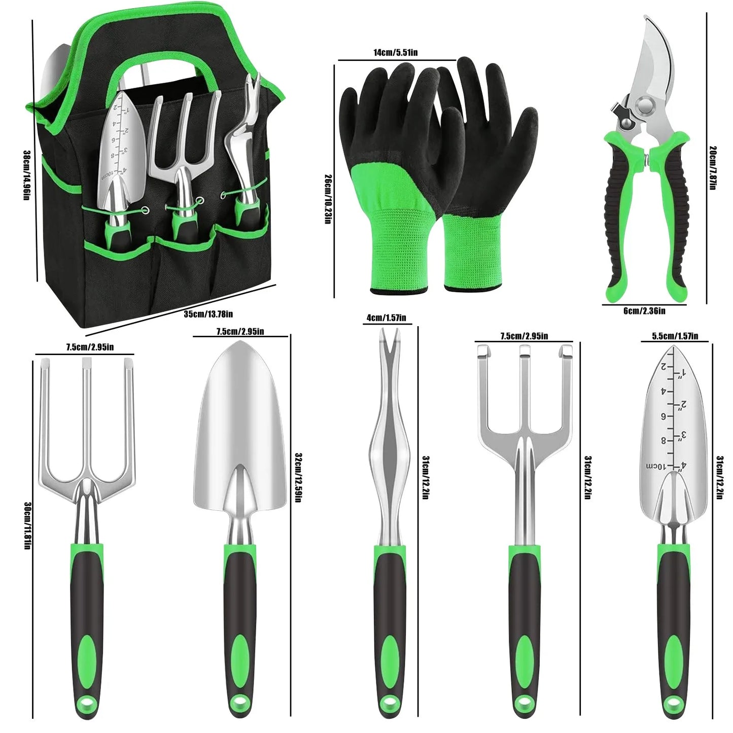 Gardening tools set-8 pieces of green gardening tools,professional garden pruning shears ergonomic manual trim tool set