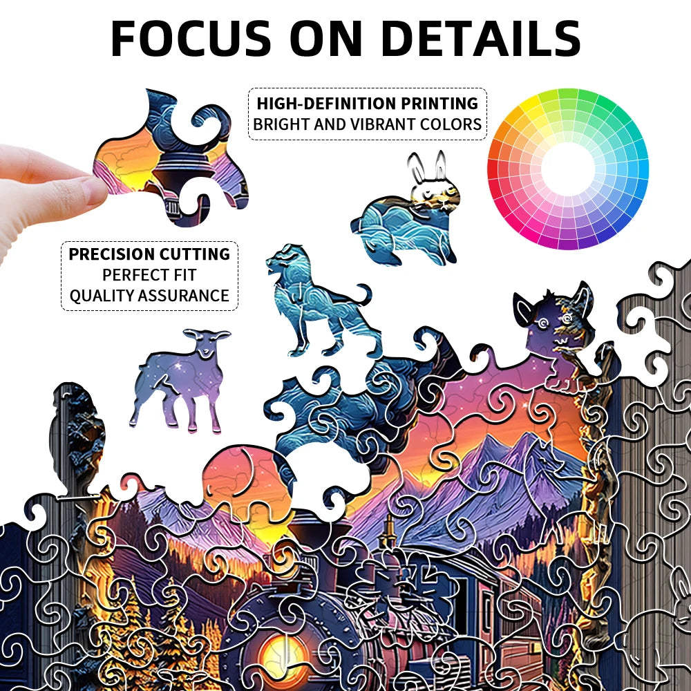 "Train Wooden Puzzle | Challenging Brain Game with Irregularly Cut Pieces • Durable Wooden Construction • Colorful Artwork & Int