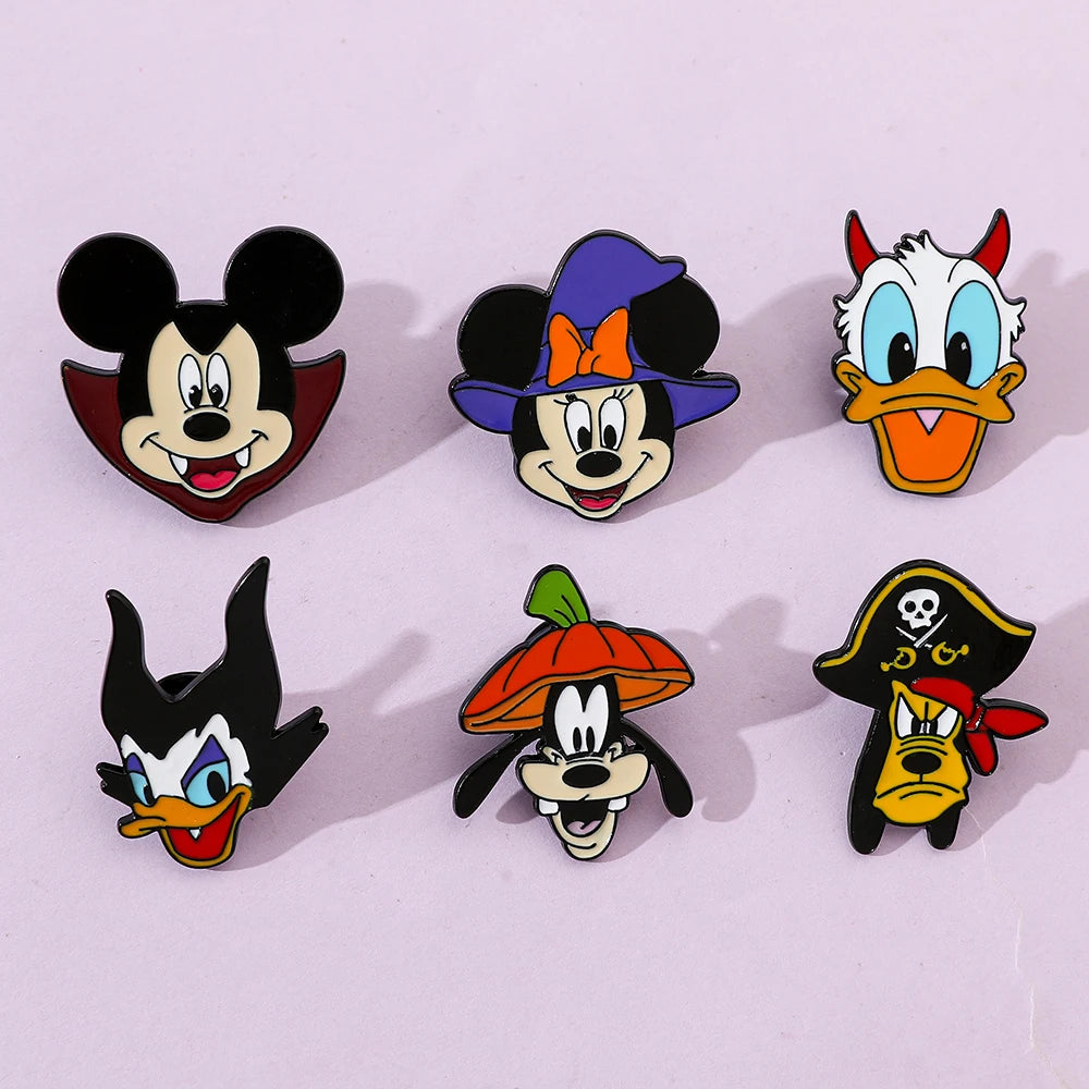 6 Pcs Cartoon cartoon character Mickey Brooch Halloween Mickey Mouse Donald Duck Metal badge Alloy drip pin accessories