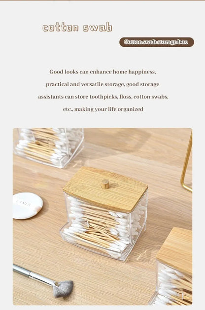 1set Transparent Acrylic Wood Cover Cotton Swab Box With 500 Cotton Swabs Cosmetic Cotton Storage Box