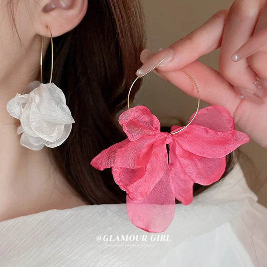 1 Pair Fabric Circles Tulle Pink/white Flower Earrings Fashionable Advanced Temperament New Bohemian Earrings