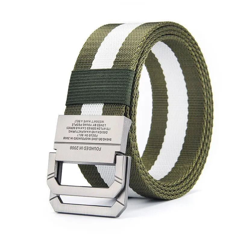 Men's Belt Trend Double Loop Buckle Canvas Belt Women's Belt with Cargo Pants Jeans Belt Outdoor Sports Belt No Perforated Belt