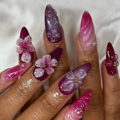 24Pcs Gradual Brown French Press on Nails 3D Mid-length Flowers Full Cover Almond Purple Nails with Colored Drawing Design Nail