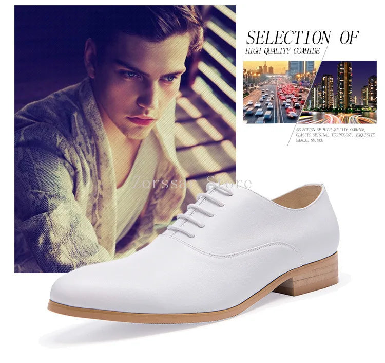 3CM Heels Men Wedding Shoes Genuine Leather White Black Oxford Dress Business Suit Shoe Lace Up Point Toe Formal Shoes Handmade