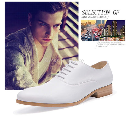 3CM Heels Men Wedding Shoes Genuine Leather White Black Oxford Dress Business Suit Shoe Lace Up Point Toe Formal Shoes Handmade