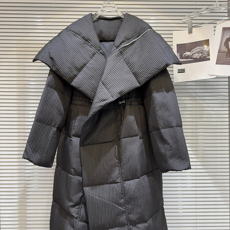 Winter Big Turn Down Collar Long Down Jacket Drawstring Striped Thick Knee Length Overcoat Warm White Duck Down Jacket Women
