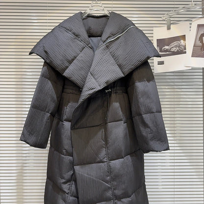 Winter Big Turn Down Collar Long Down Jacket Drawstring Striped Thick Knee Length Overcoat Warm White Duck Down Jacket Women