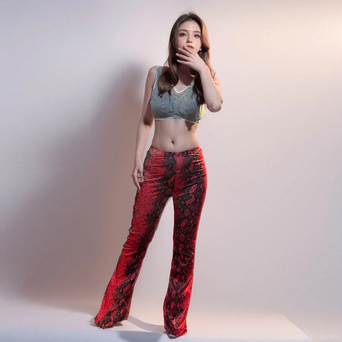 Womens Serpentine Print Flare Pants Stretch Boho Bell Bottoms High Waist Wide Leg Long Palazzo Pants Y2K Streetwear Trousers