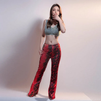Womens Serpentine Print Flare Pants Stretch Boho Bell Bottoms High Waist Wide Leg Long Palazzo Pants Y2K Streetwear Trousers