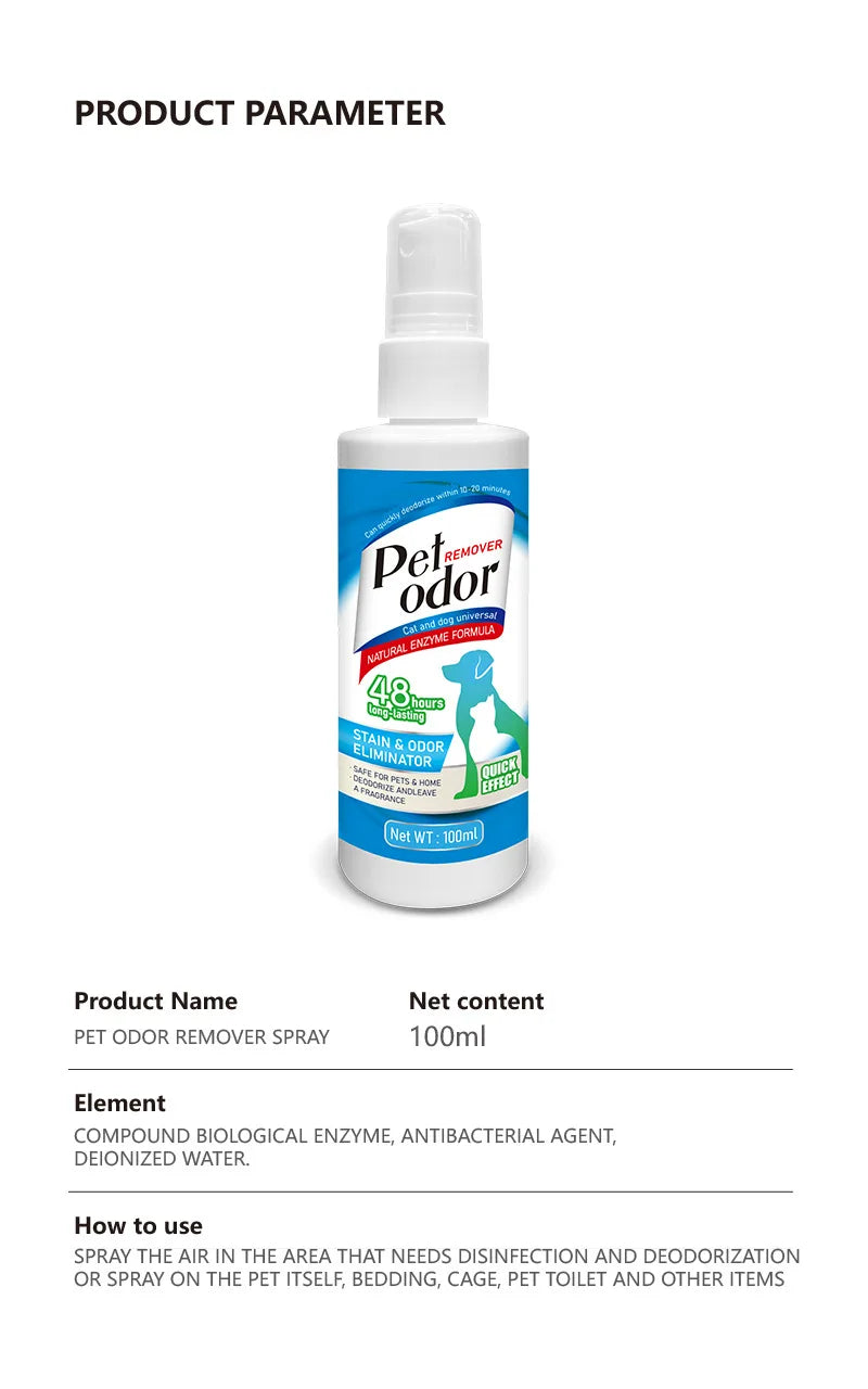 100ml Enzyme Pet Deodorizing Spray Cat Dog Urine Odor Remover Indoor Sofa Carpet Floor Litter Box Safe Gentle Formula