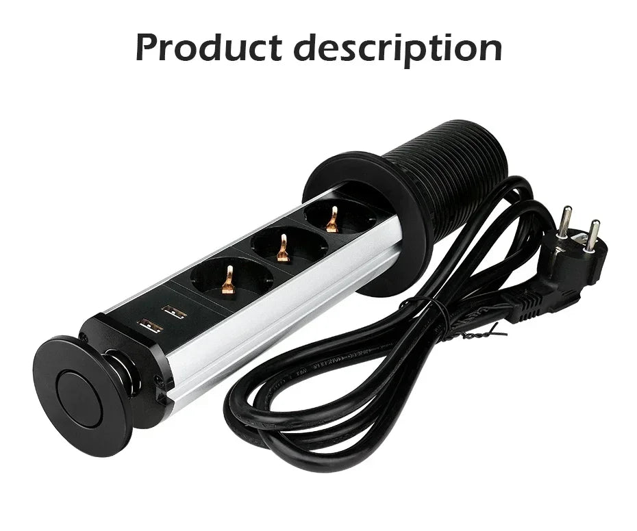 16A PULL POP UP 3 Power EU Socket New Black Color Port Kitchen Table Desktop Sockets Retractable Countertops French Plug