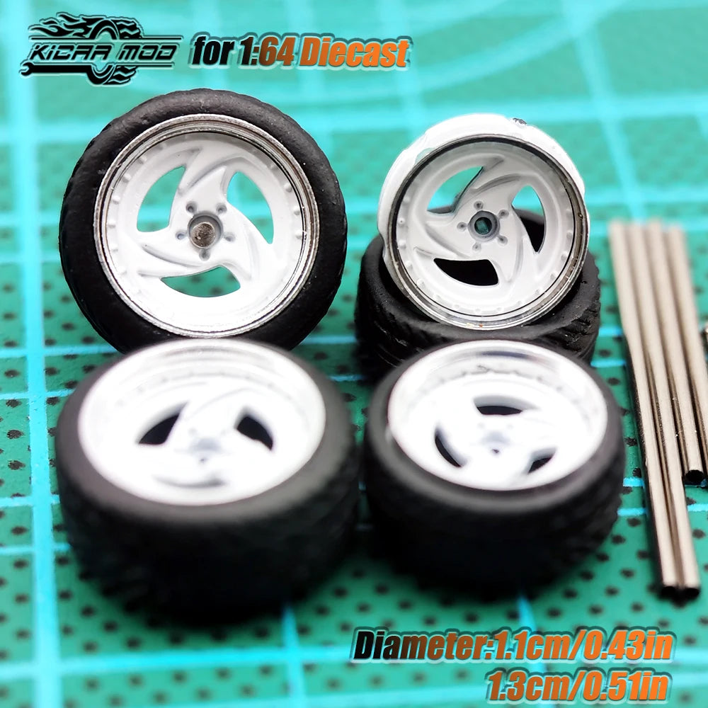 Kicarmod 1/64 Model Car ABS Wheels with Rubber Tire Metal Rims Front Small Rear Large Refitting Parts For Model Car Hot Wheels
